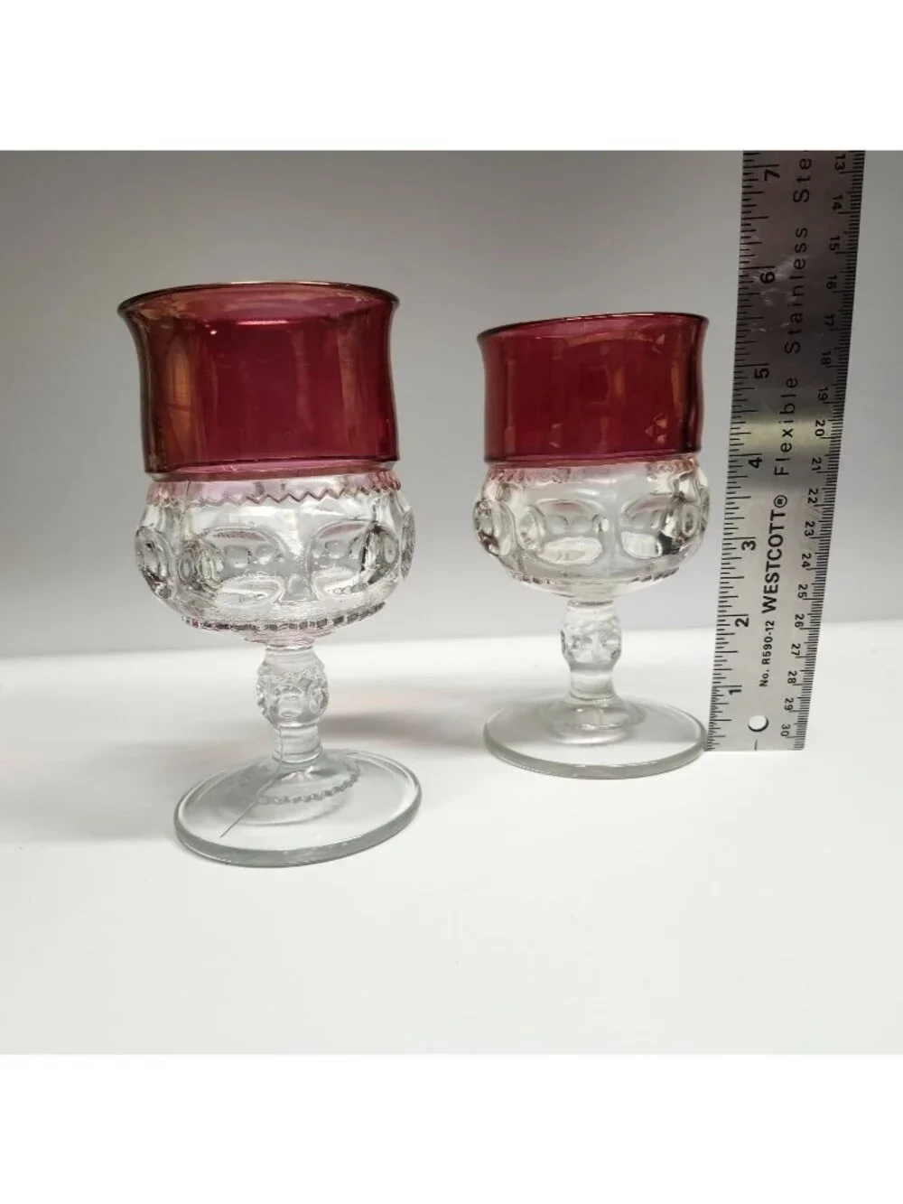 Tiffin Franciscan Cranberry Thumbprint King's Crown Vintage Glass Goblets Set